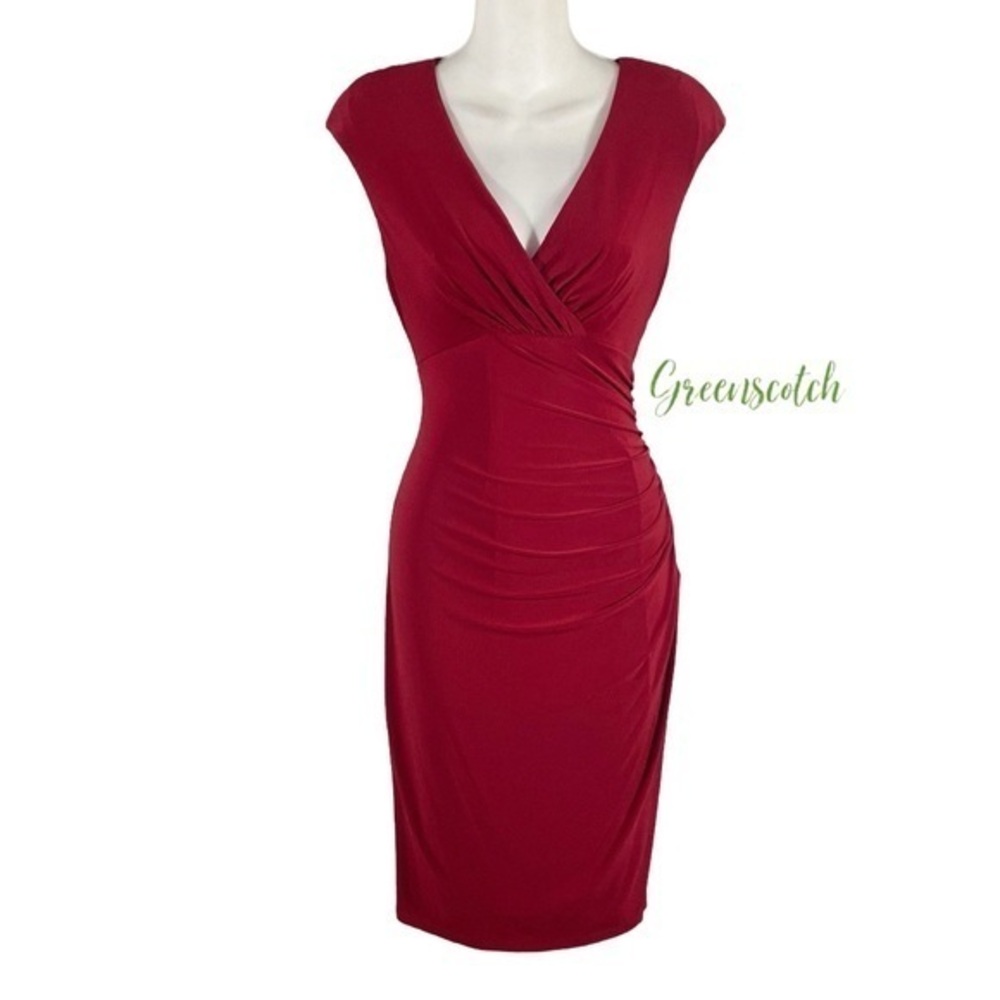 Lauren Ralph Lauren Red Ruched Faux-Wrap Sheath Dress